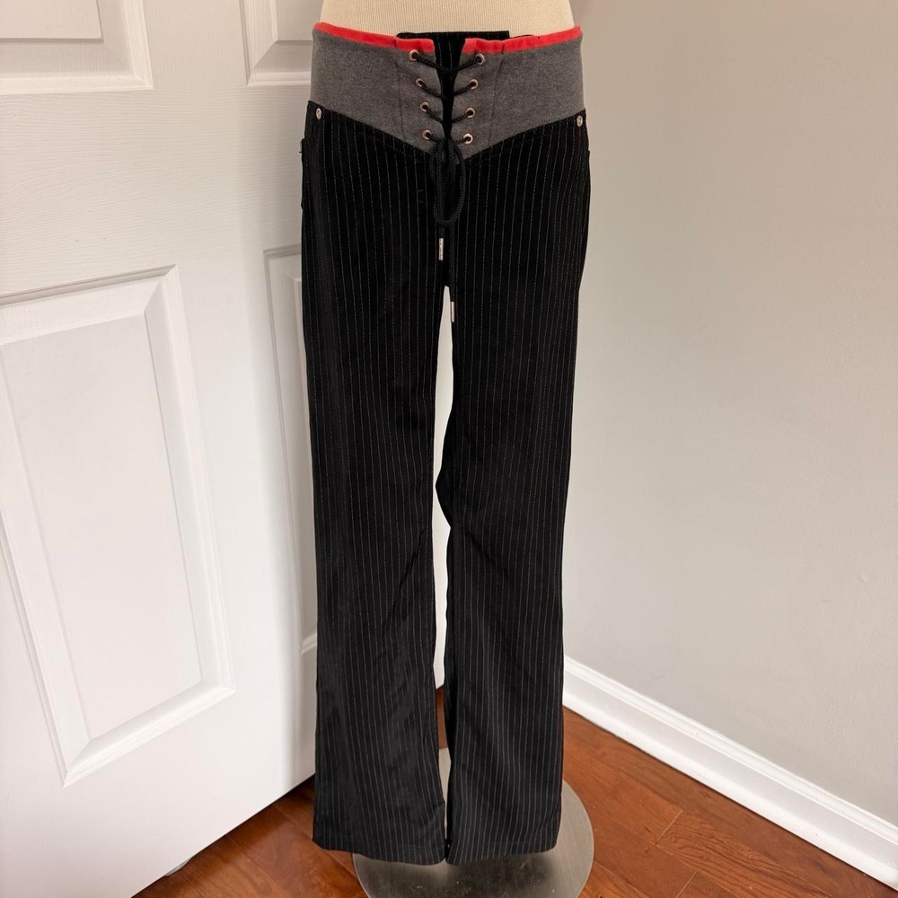 Y2K BLACK ECKO UNLIMITED PINSTRIPE TIE UP LOW RISE FLARE PANTS